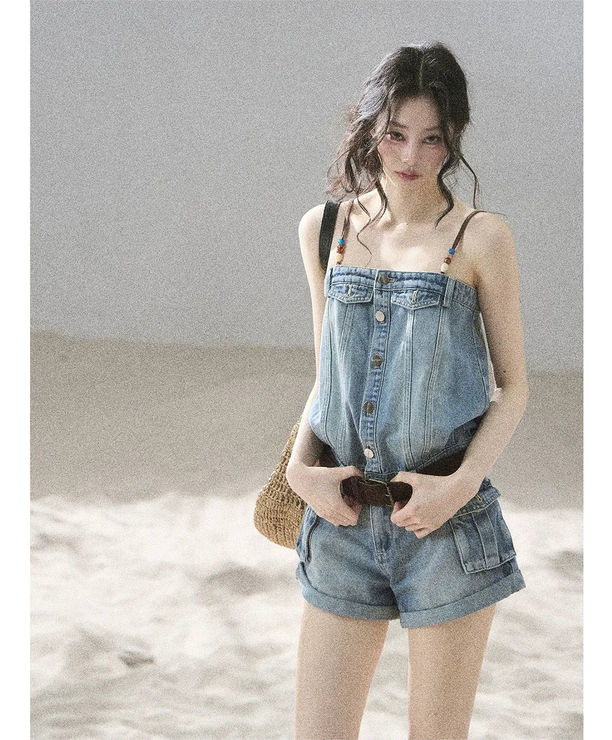 Washed Denim Jumpsuit Shorts