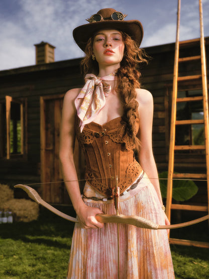 Suede-Look Corset Pleated Skirt Set