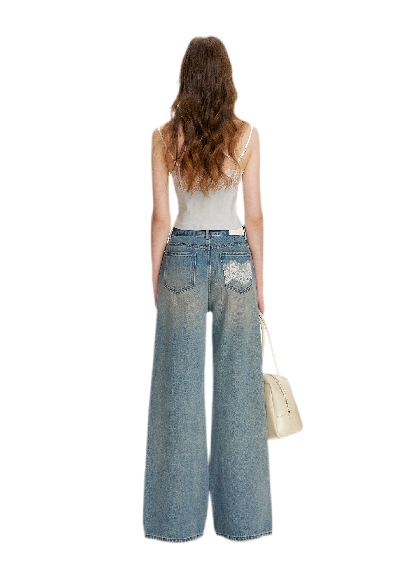 Lace-Trimmed Wide-Leg Denim Pants