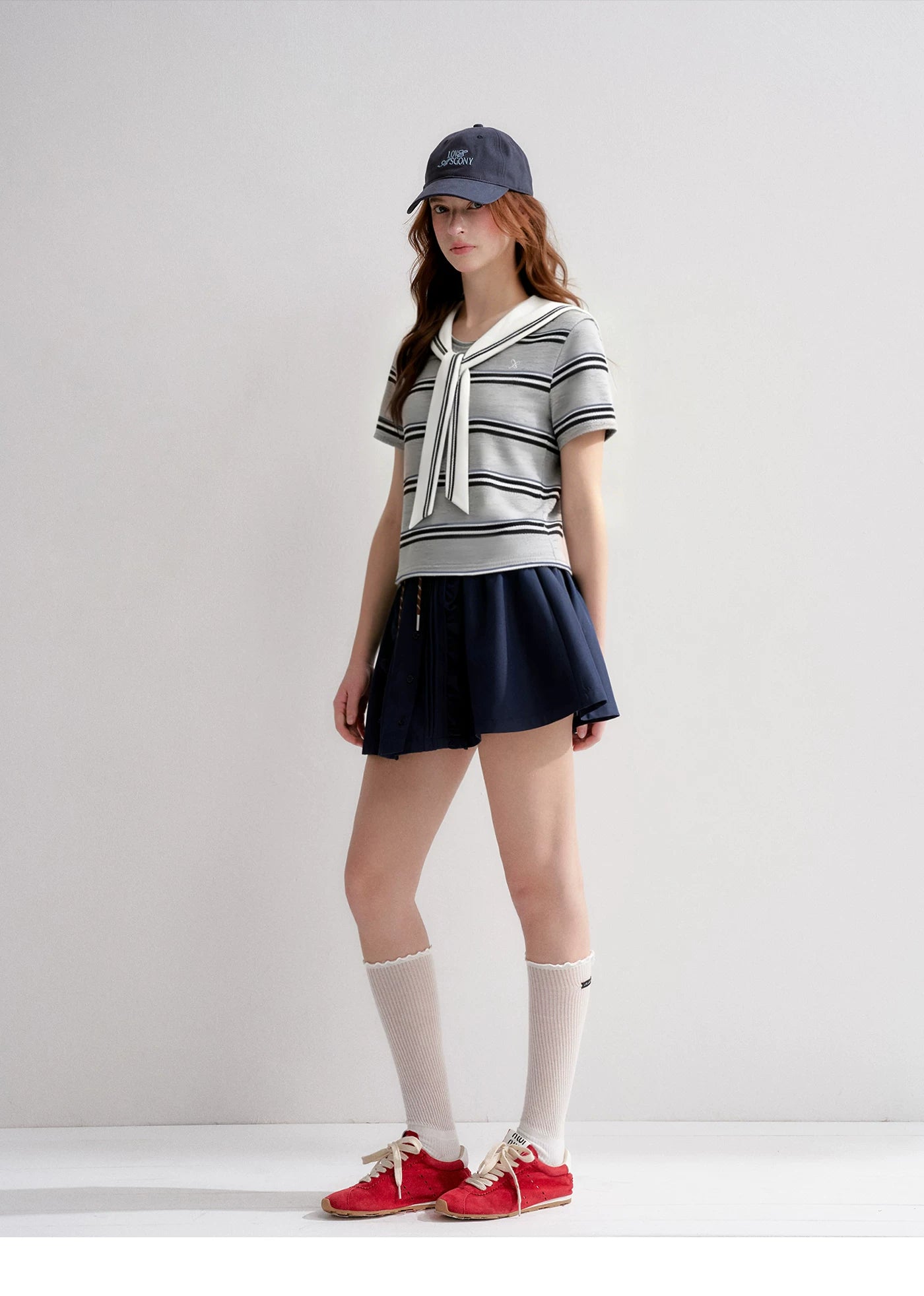Navy Sailor Collar Tie-Striped Short T-shirt