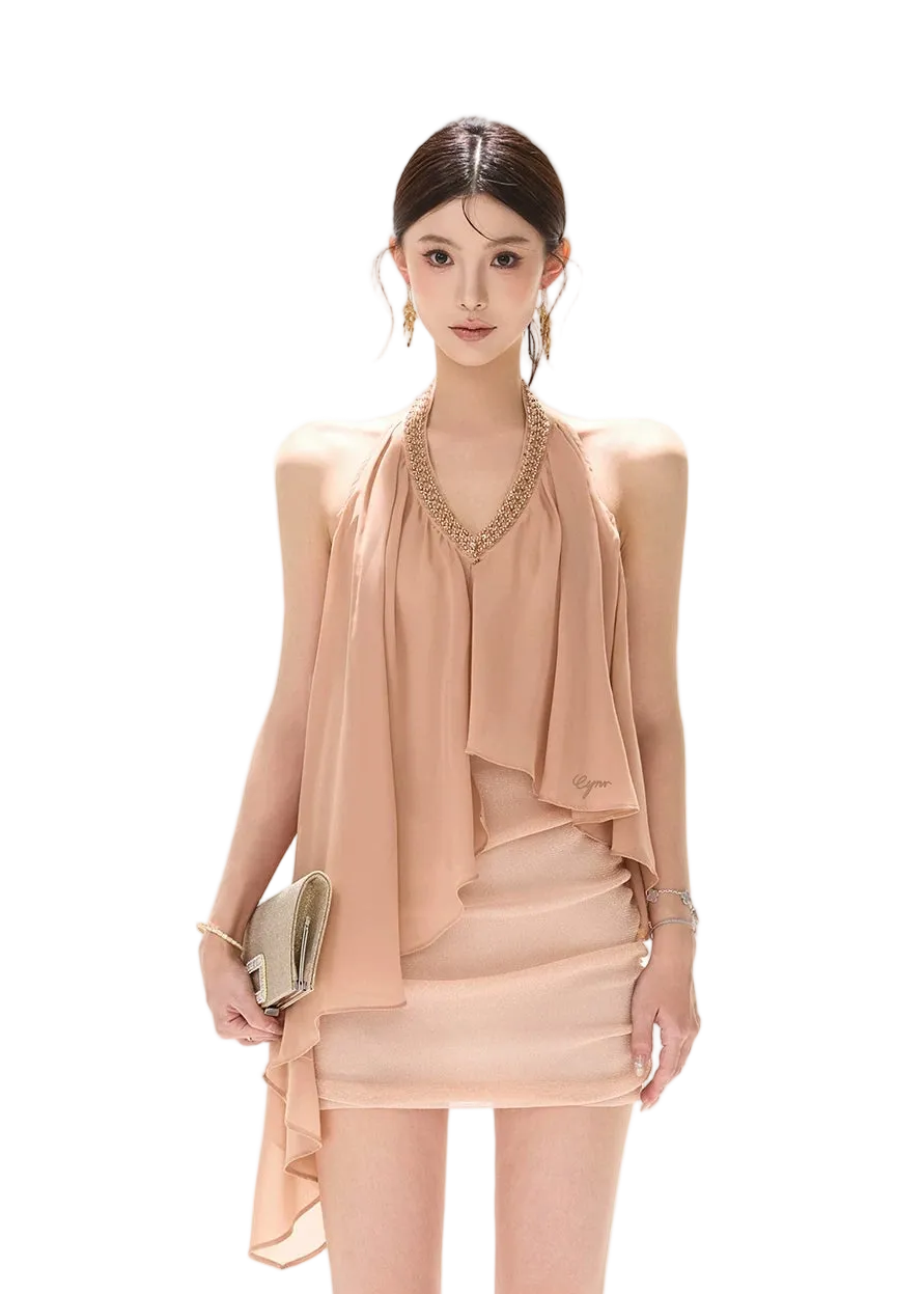 Floating Light Halter V-Neck Beaded Chiffon Dress