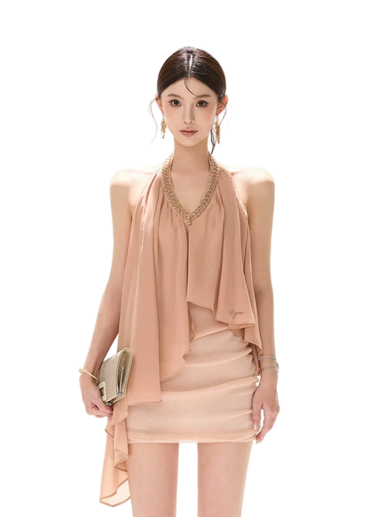 Floating Light Halter V-Neck Beaded Chiffon Dress