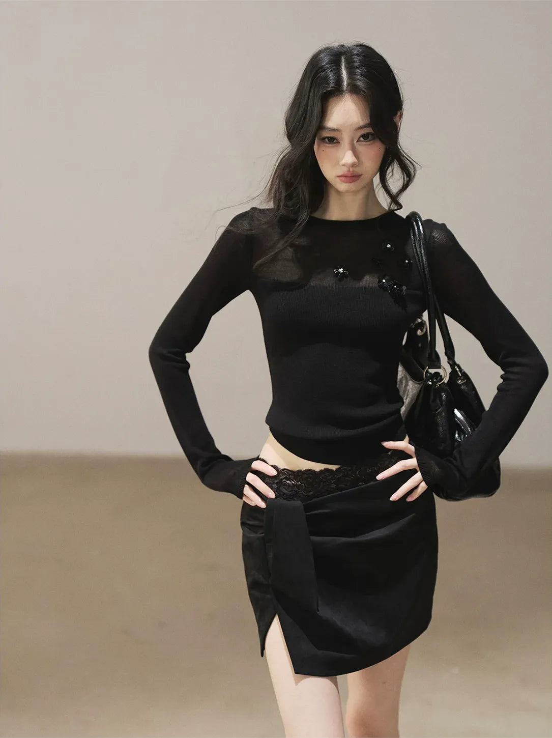 Sheer Cropped Long-Sleeve Top