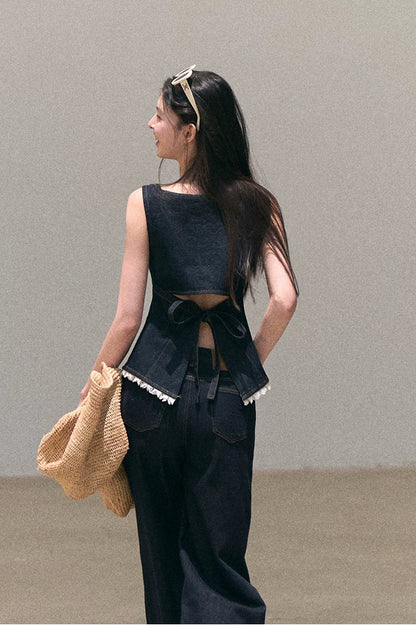 Washed Denim Wide-Leg Set
