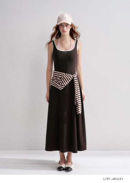 Contrast Color U-Neck Halter Knit Long Dress