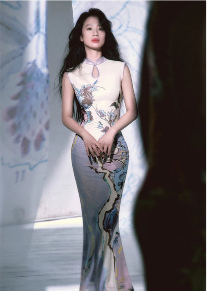 Roman Poem Printed Sleeveless Qipao Dress