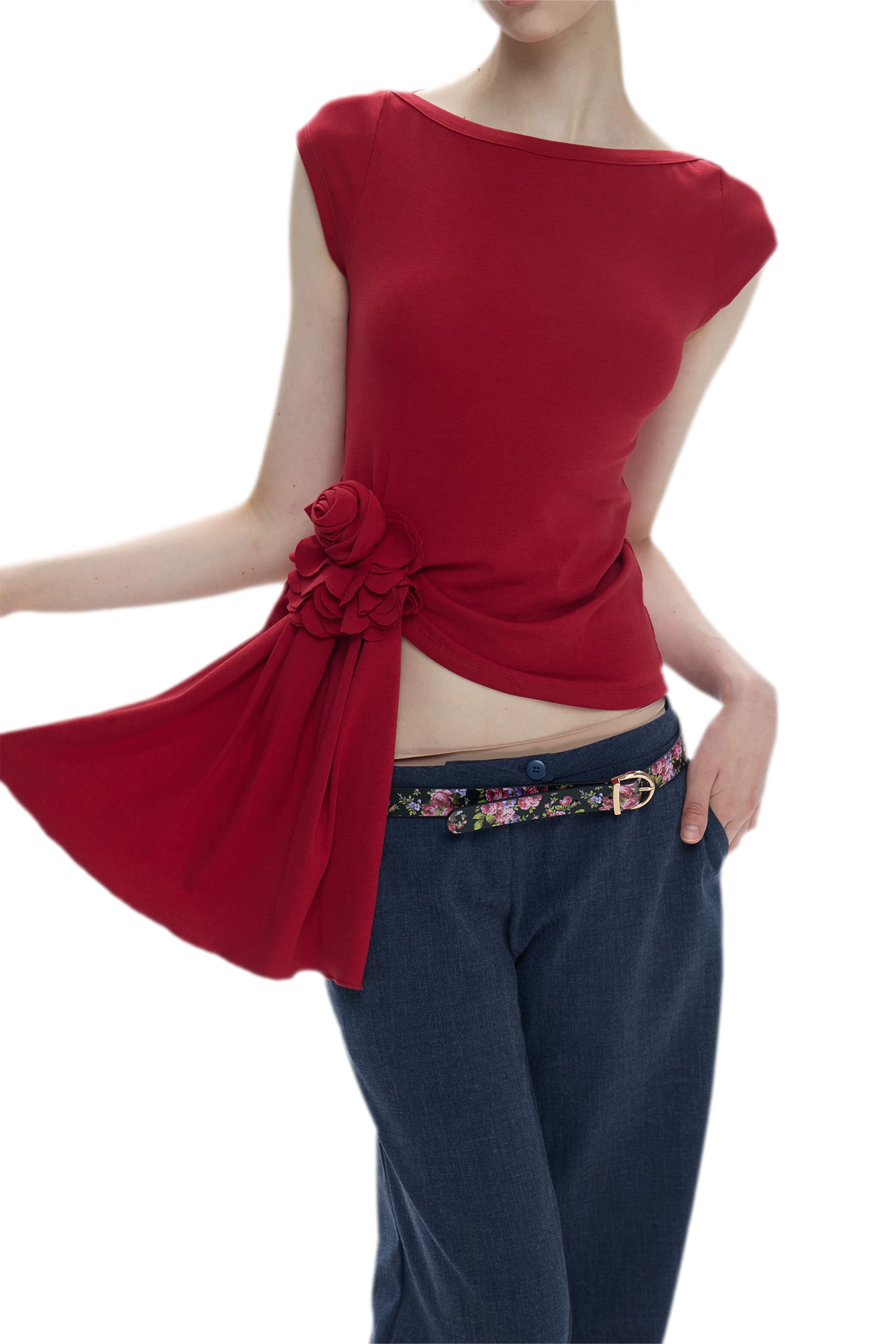 Asymmetric Flower Short Sleeve Top