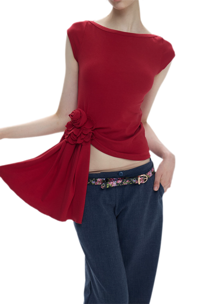 Asymmetric Flower Short Sleeve Top