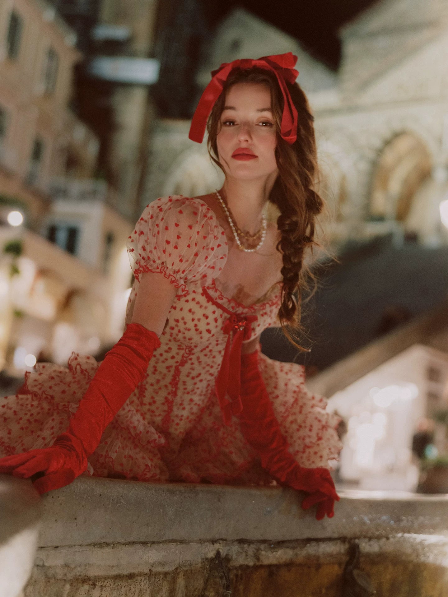 Flocked Bow Ruffle Dress