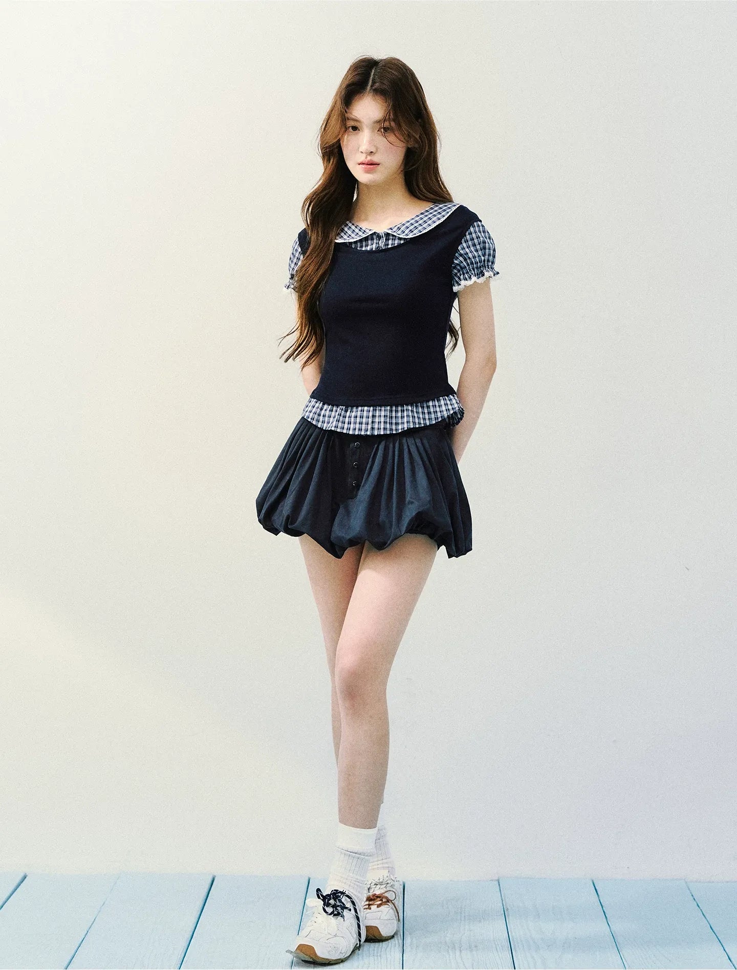 Navy Petal Pleated Skirt