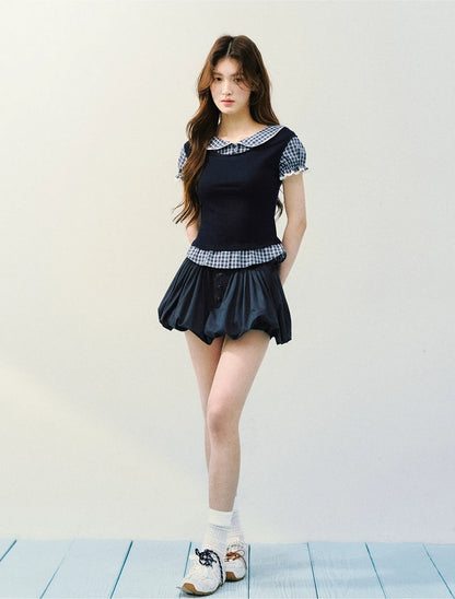 Navy Petal Pleated Skirt