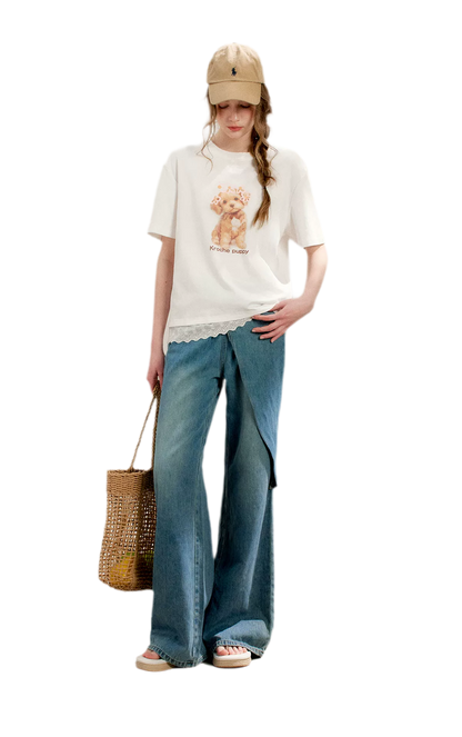 Soft Cotton Wide-Leg Jeans with Bow Detail
