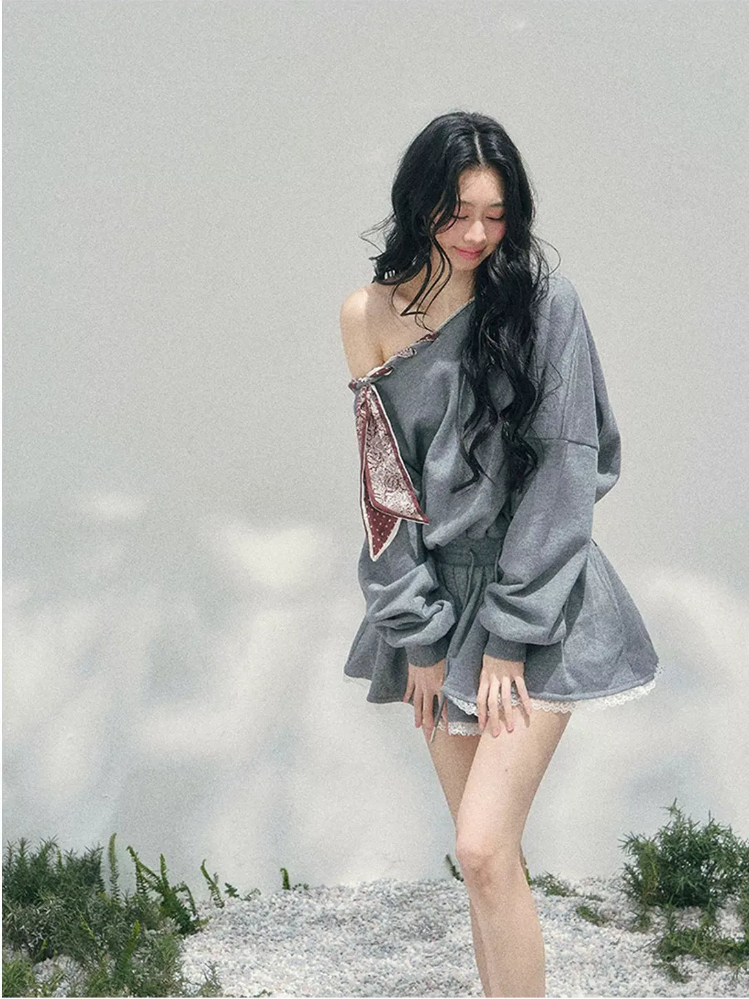 Lace Off-Shoulder Sweatshirt Dress