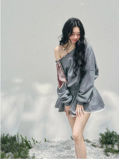 Lace Off-Shoulder Sweatshirt Dress