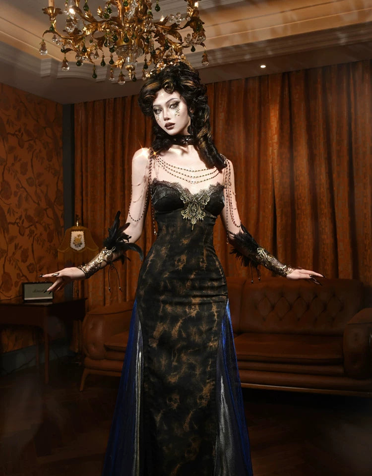 Gold Jacquard A-Line Evening Dress