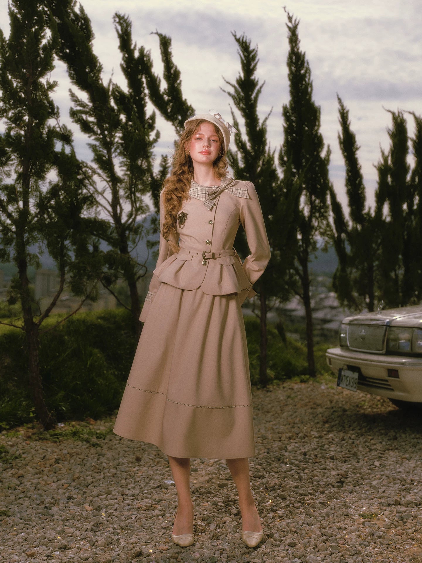 Vintage Belted Trench Skirt Set