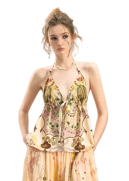 She Island Bohemian Halter Tie-Back Printed Crop Top