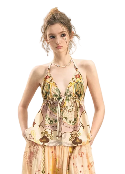 She Island Bohemian Halter Tie-Back Printed Crop Top