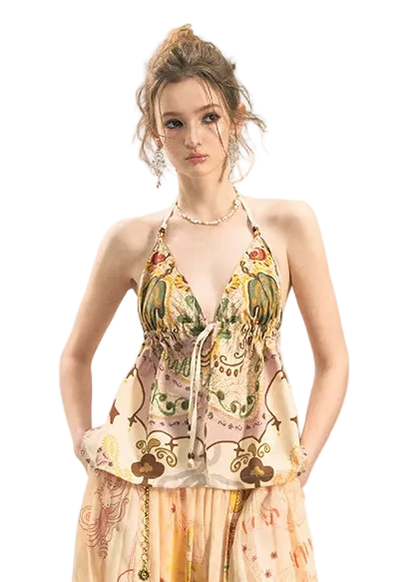 She Island Bohemian Halter Tie-Back Printed Crop Top