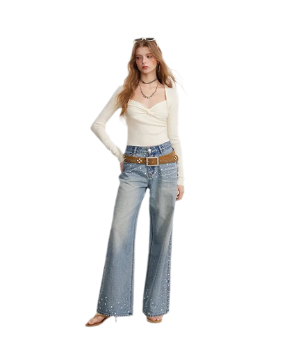 Rhinestone Pearl Wide-Leg Jeans