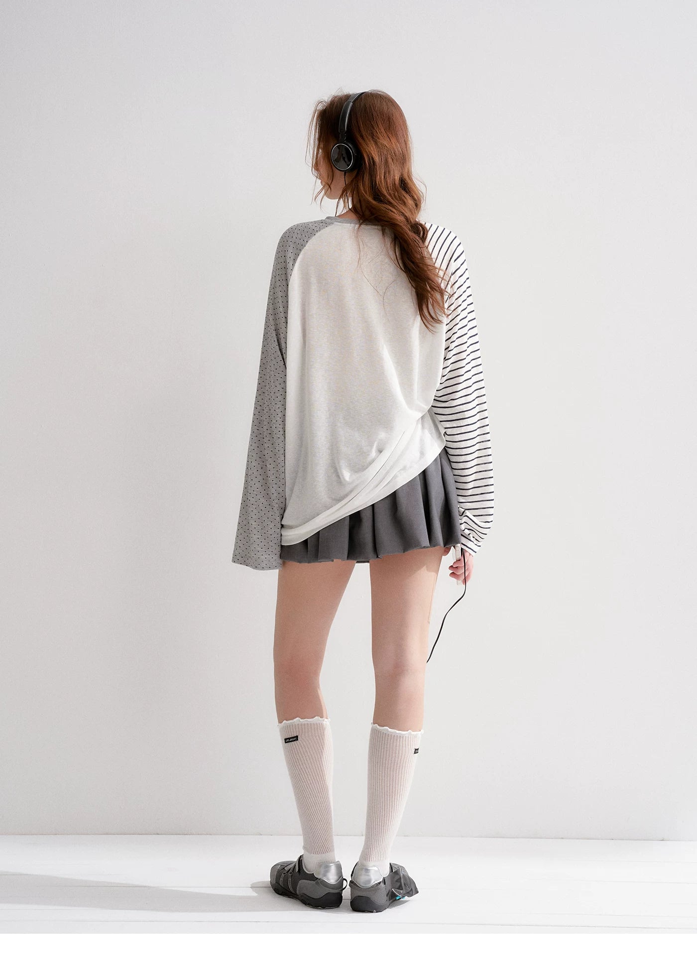 Striped Polka Dot Raglan Sleeve Long Sleeve Pullover