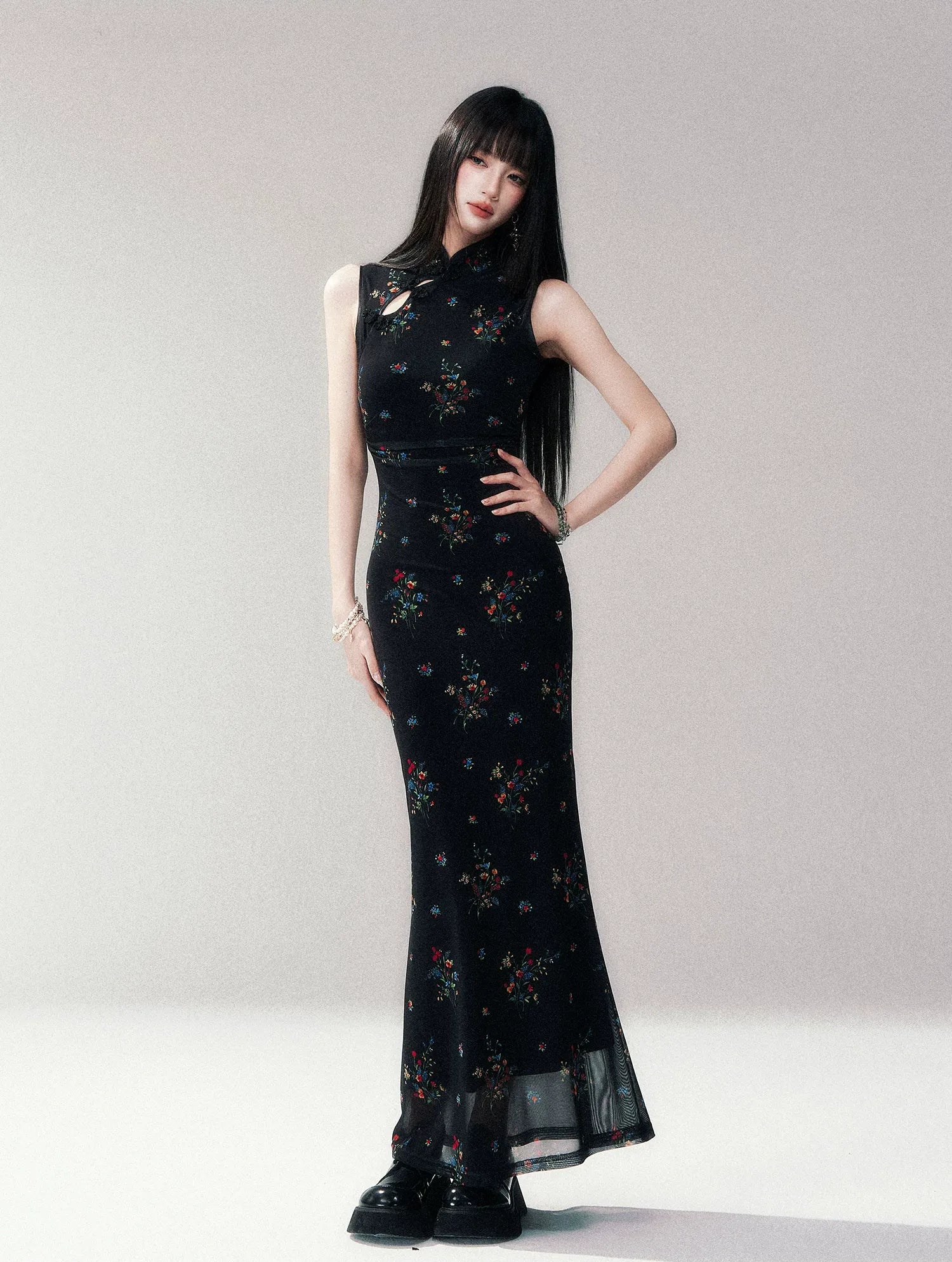 Dark Floral Mesh Qipao Dress