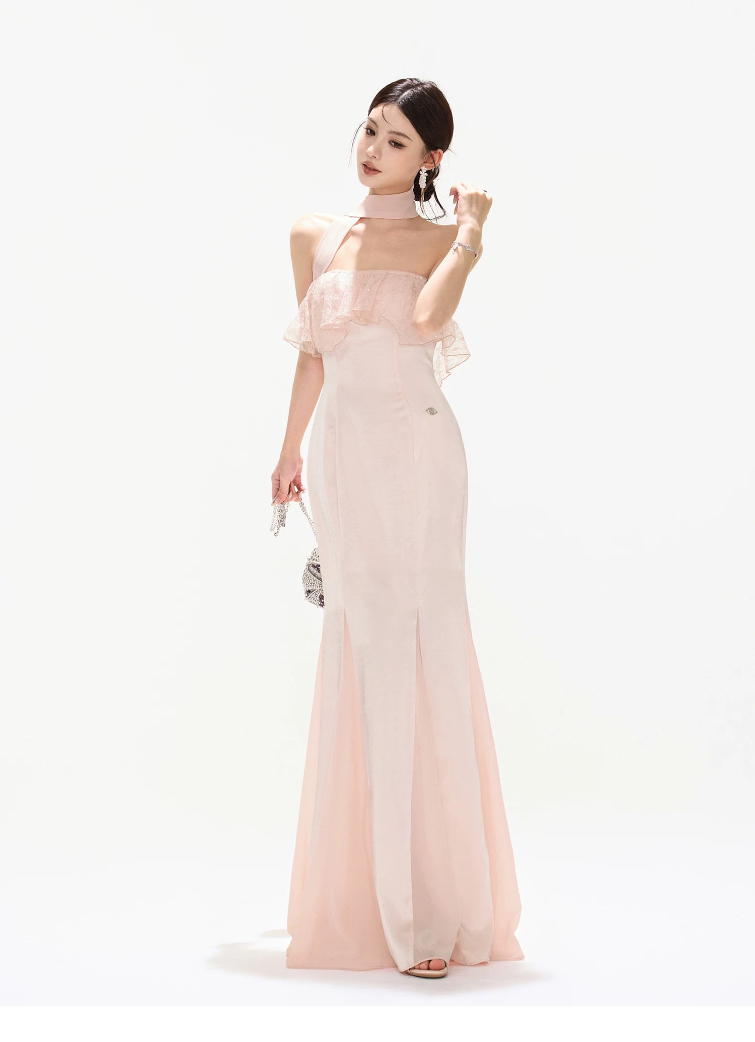 Champagne Pink Lace Fishtail Strapless Long Dress