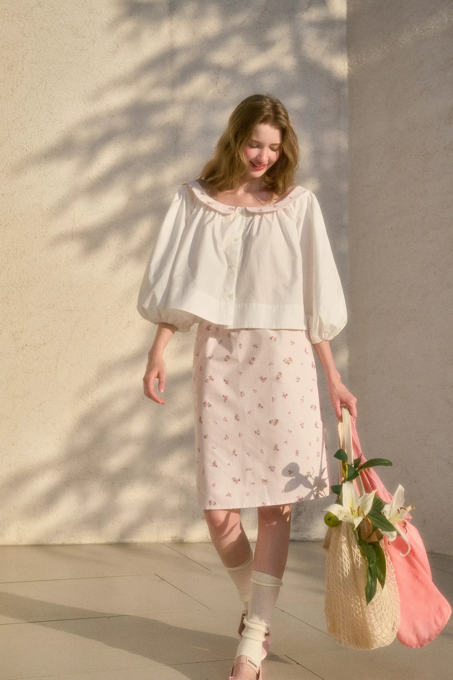 Floral Puff-Sleeve Blouse Skirt Set