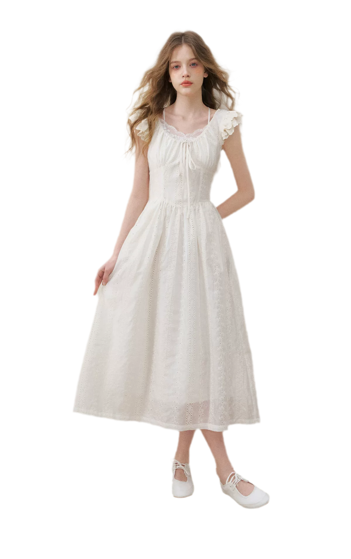 Embroidered Flutter Sleeve Dress