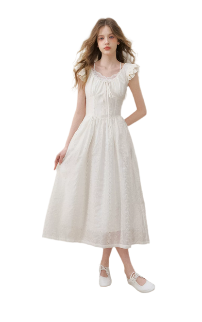 Embroidered Flutter Sleeve Dress
