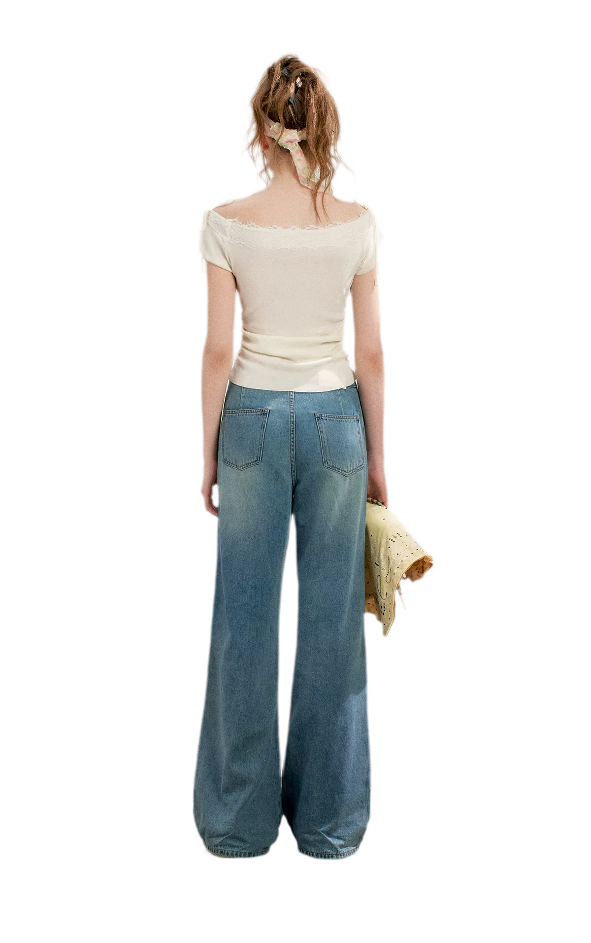 Lace Trim Off-Shoulder Knit Top &amp; Denim Pants