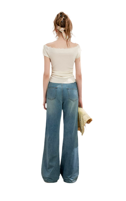 Lace Trim Off-Shoulder Knit Top &amp; Denim Pants
