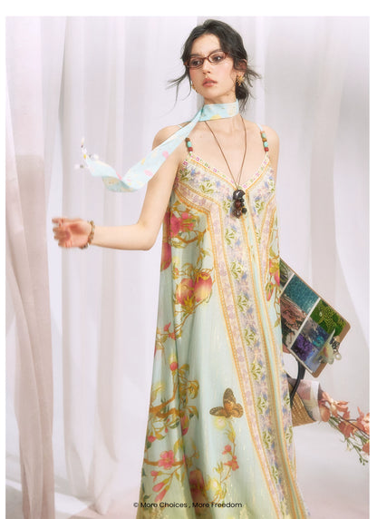 Peach Branch Print Metallic Chiffon Dress
