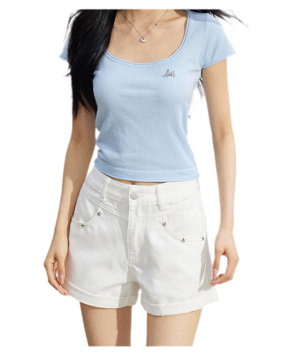 Embroidered Denim Shorts