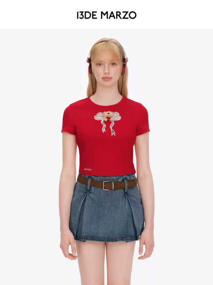 Spring/Summer 2026 Lace Bow Short Sleeve T-shirt