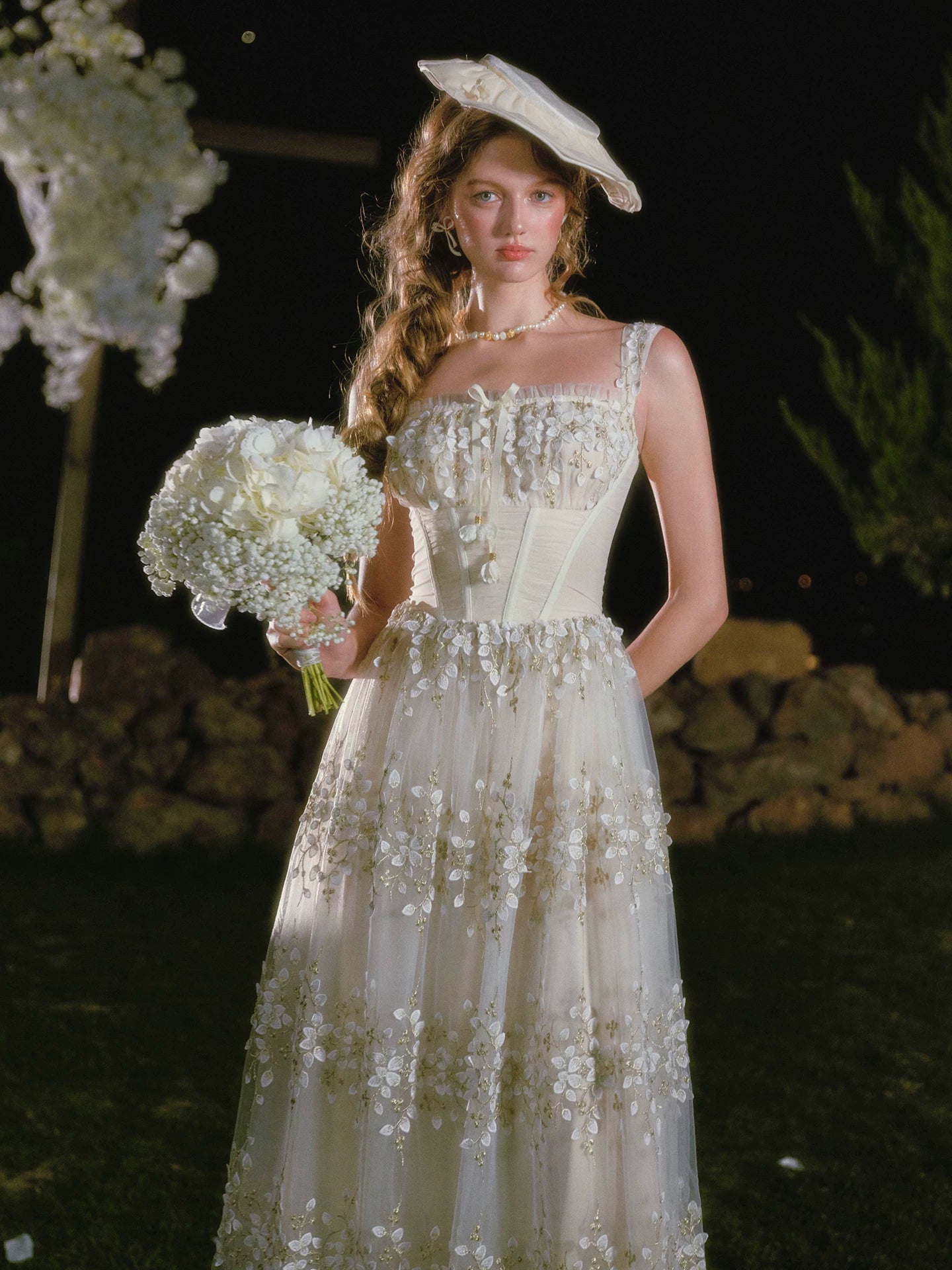 Embroidered Boned Waist Maxi Dress