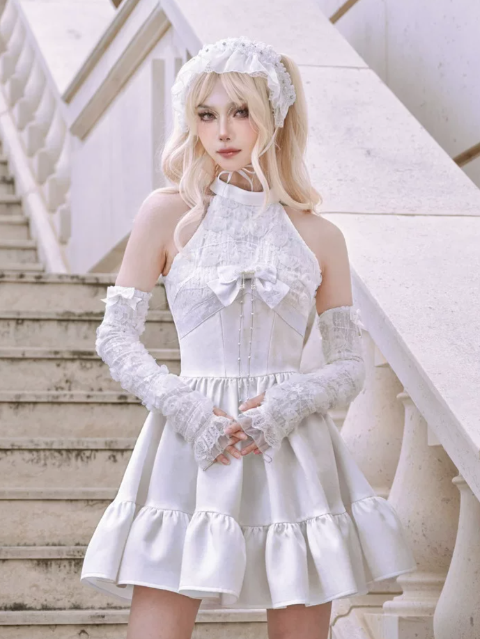Floral Appliqué Halter Dress