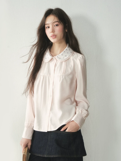 Blusa de lyocell con cuello de encaje