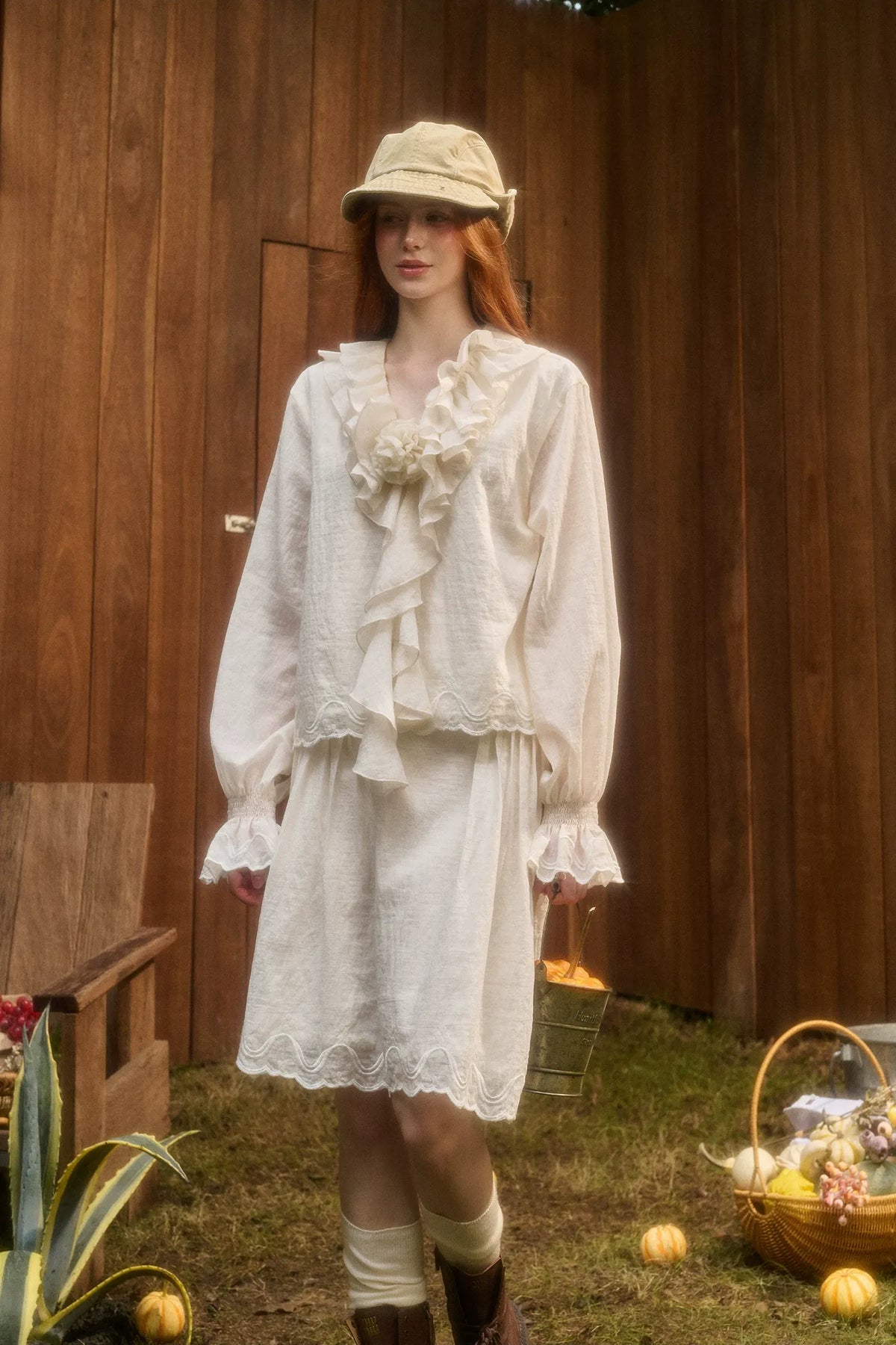 Embroidered Ruffle Blouse Skirt Set
