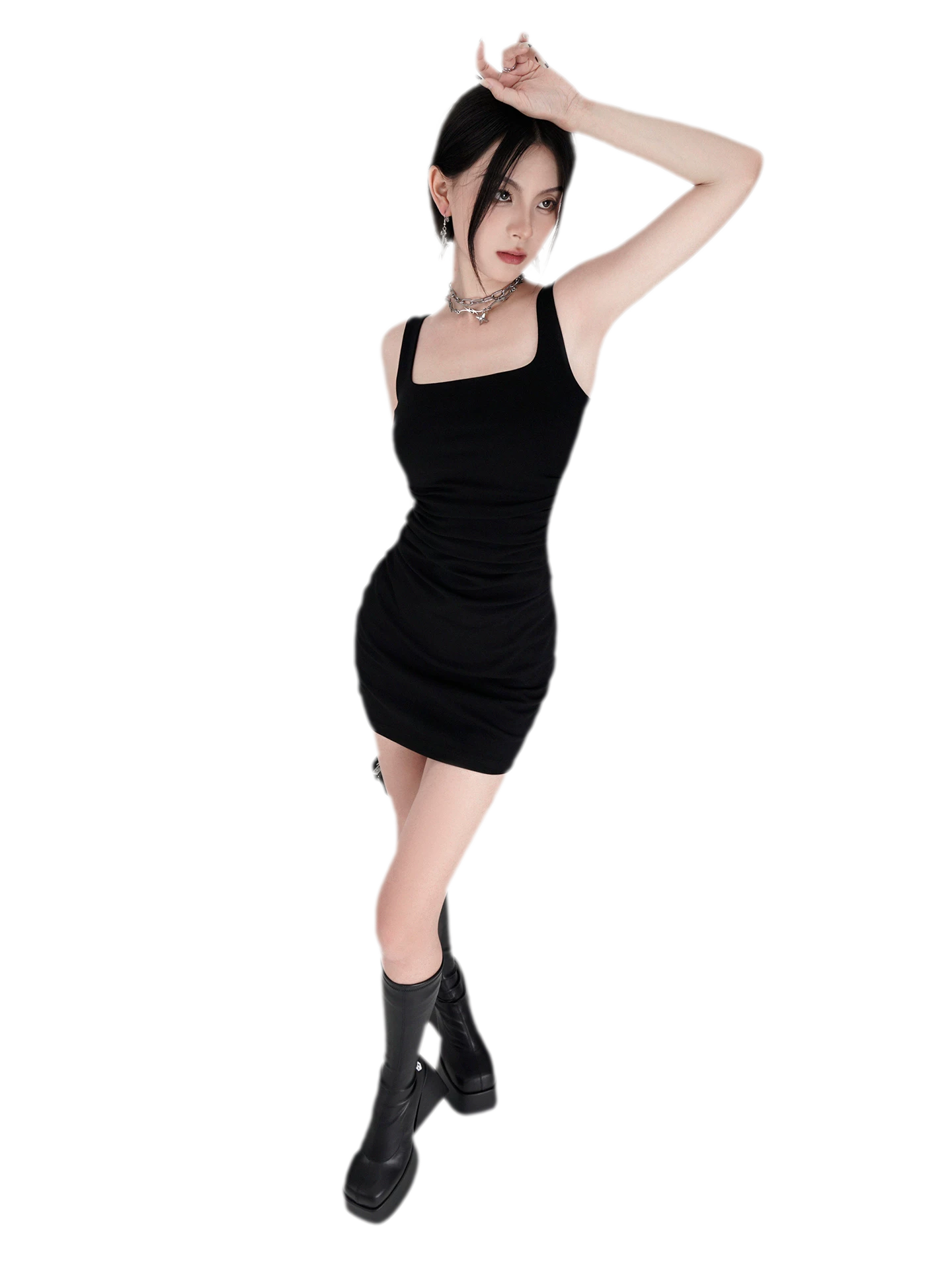 Stretch Ruched Square-Neck Mini Dress