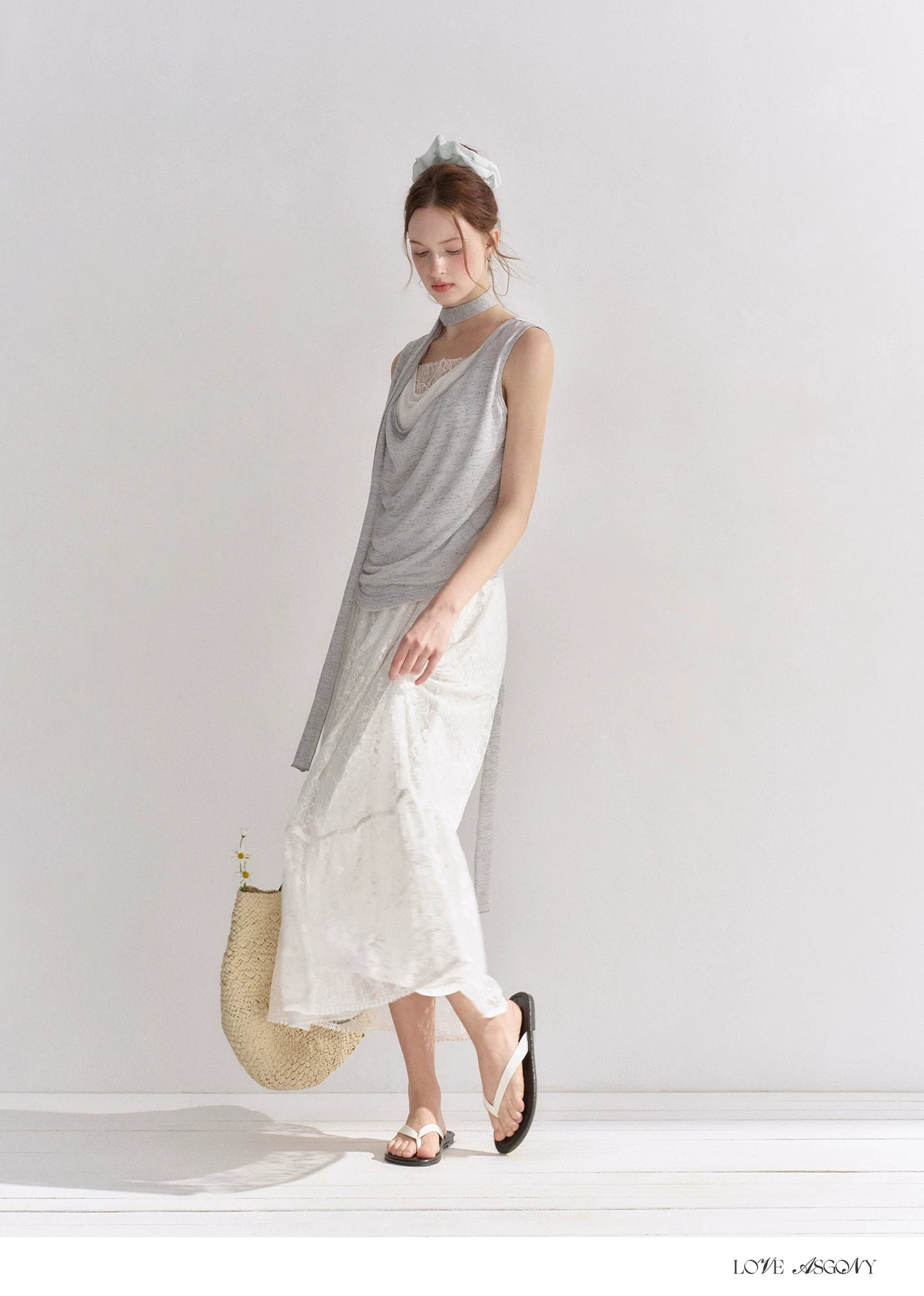 Lace Trim Elastic Waist A-line Long Skirt