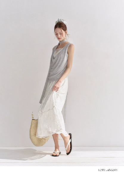 Lace Trim Elastic Waist A-line Long Skirt