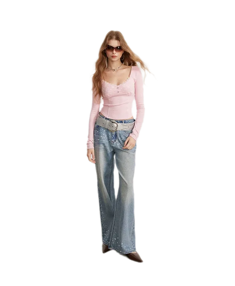 Lace Panel Cropped Long-Sleeve Top