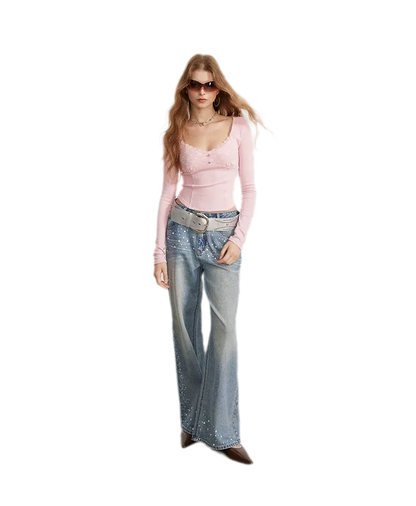 Lace Panel Cropped Long-Sleeve Top