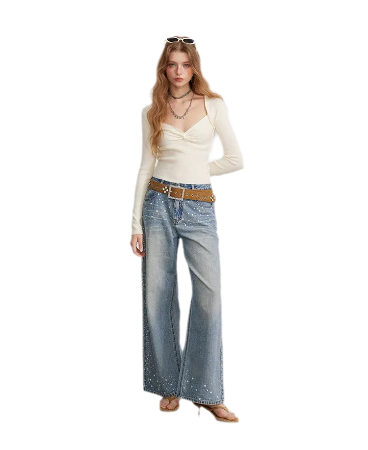 Rhinestone Pearl Wide-Leg Jeans