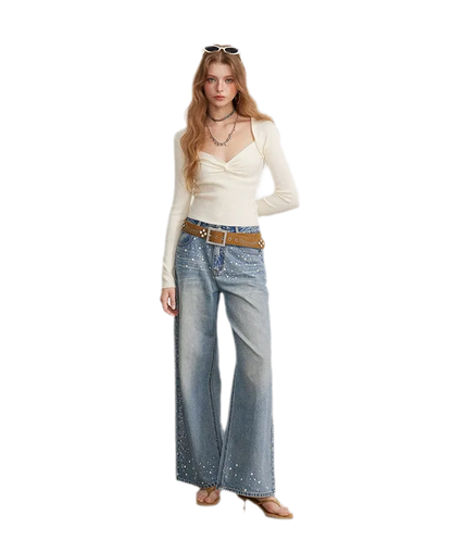 Rhinestone Pearl Wide-Leg Jeans