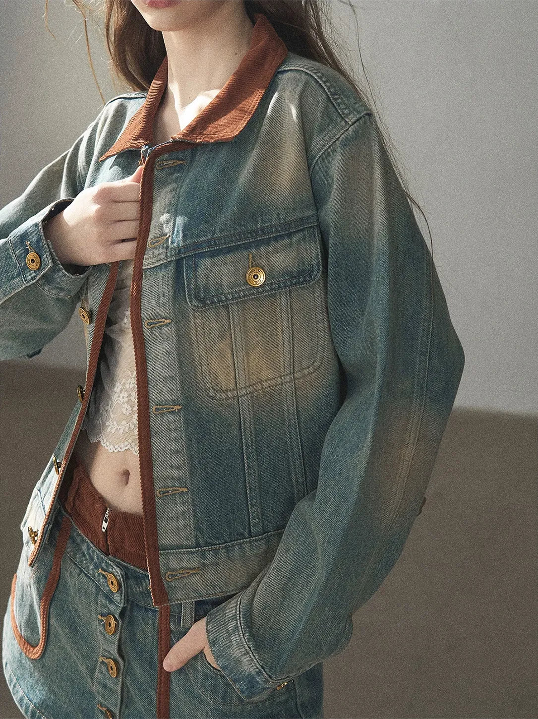 Washed Denim Jacket Skirt Set