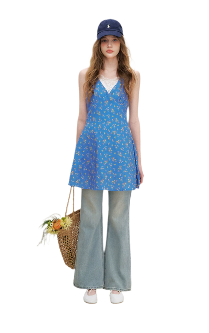 Romantic French Halter V-neck Floral Dress