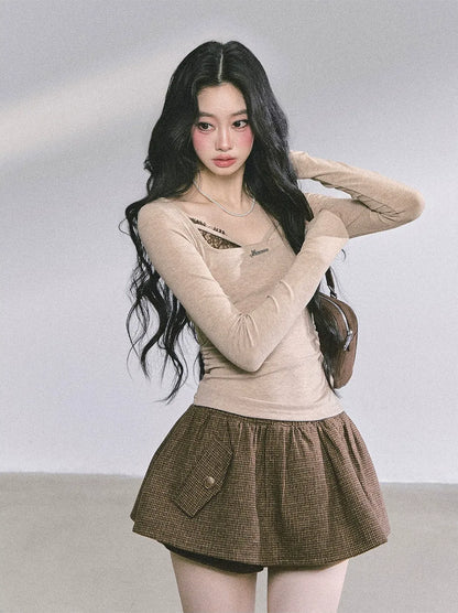 Lace Panel Fitted Long-Sleeve Top