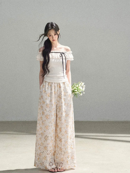 Laser-Cut Floral Wide-Leg Pants